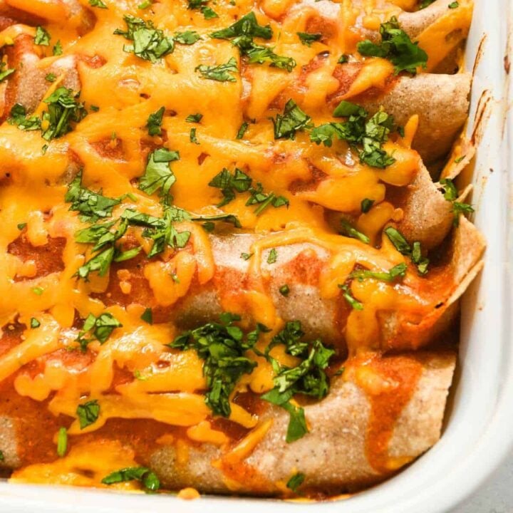 close up of ground chicken enchiladas topped with cheese and cilantro.
