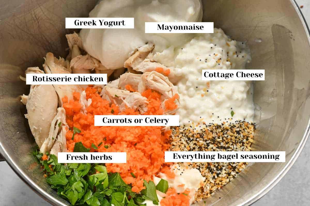 labeled ingredients for making cottage cheese chicken salad.