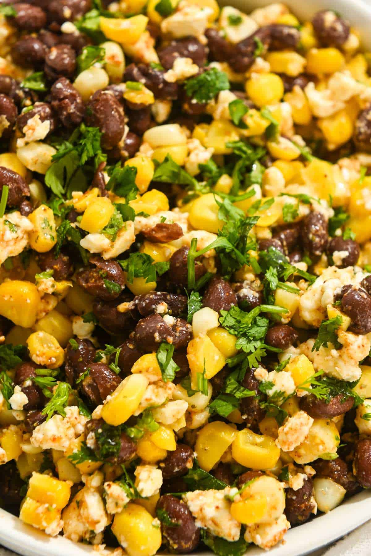 close up of finished recipe for corn, black bean, and feta dip