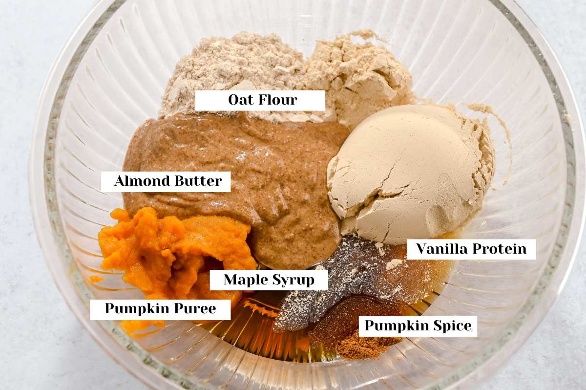 labeled ingredients for pumpkin protein bars.