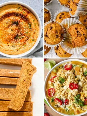 featured image showing four recipes made with pumpkin that contain protein.