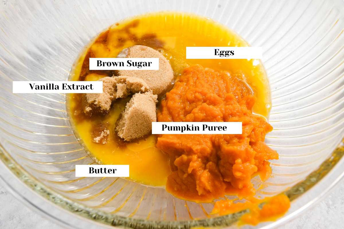 labeled wet ingredients for making pumpkin walnut bread.