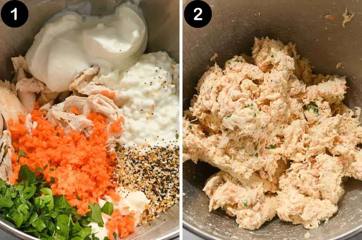 numbered steps for making cottage cheese chicken salad.