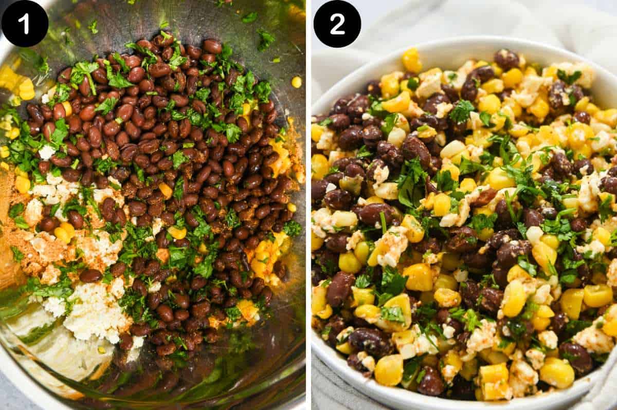 numbered steps for making corn, black bean, and feta dip.
