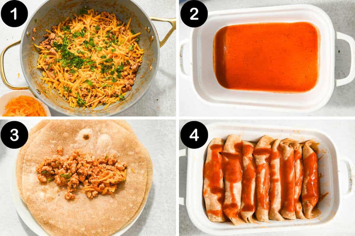 numbered steps for making ground chicken enchiladas.