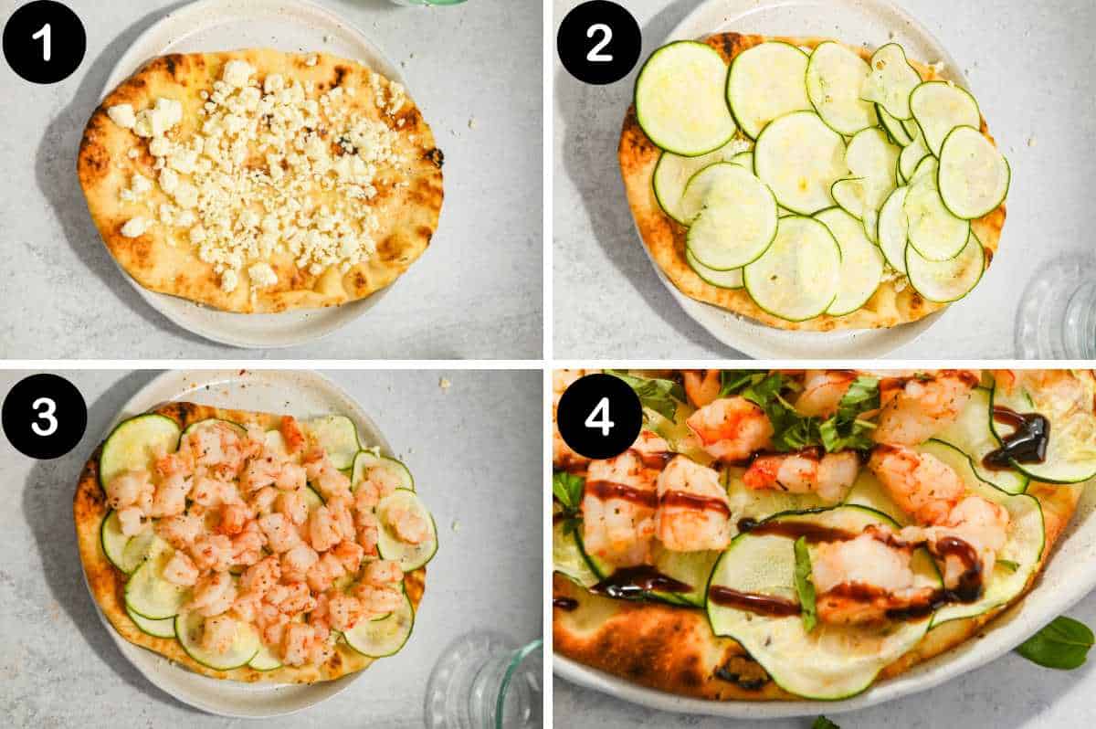 numbered steps for making flatbread shrimp pizza.