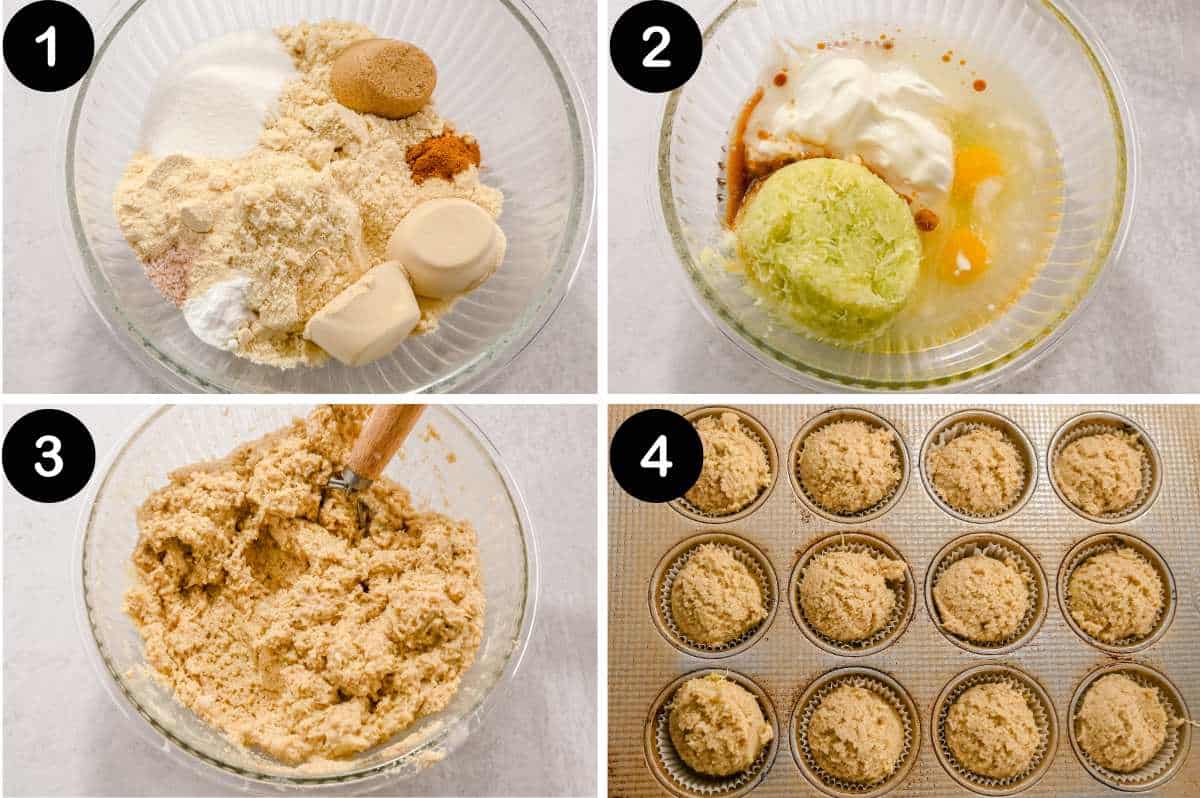 numbered steps for making almond flour zucchini muffins.