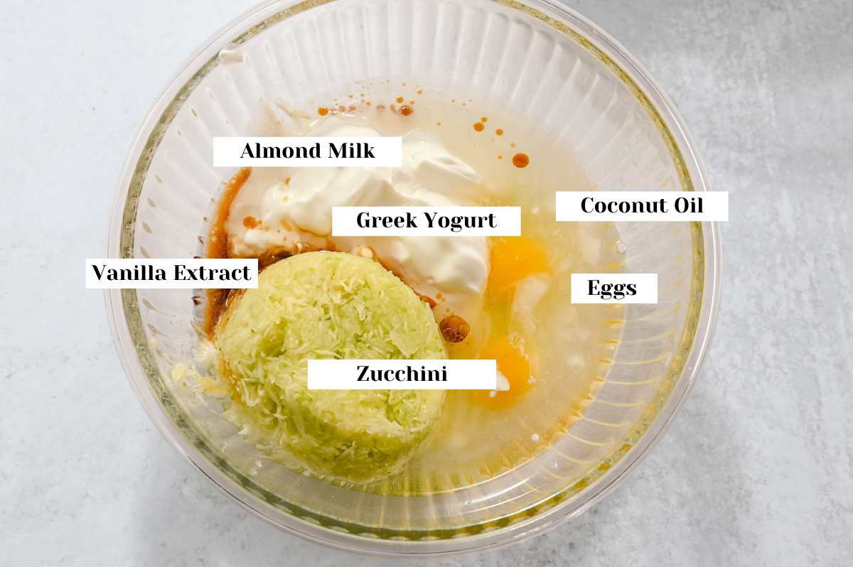 labeled wet ingredients for making almond flour zucchini muffins.