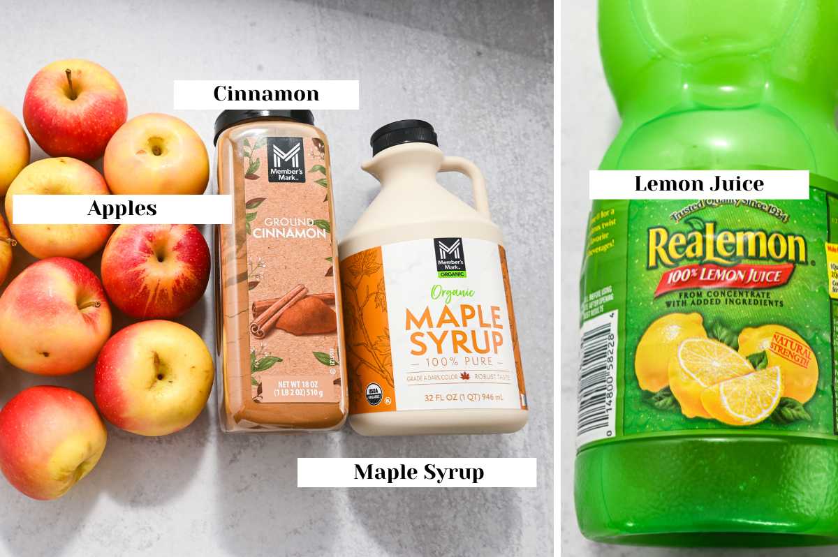 labeled ingredients for making crockpot applesauce for kids.