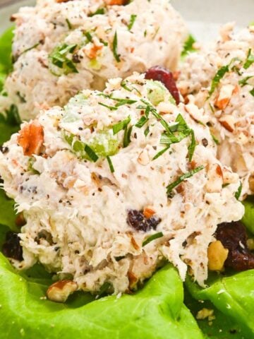 close up of cranberry chicken salad on lettuce.