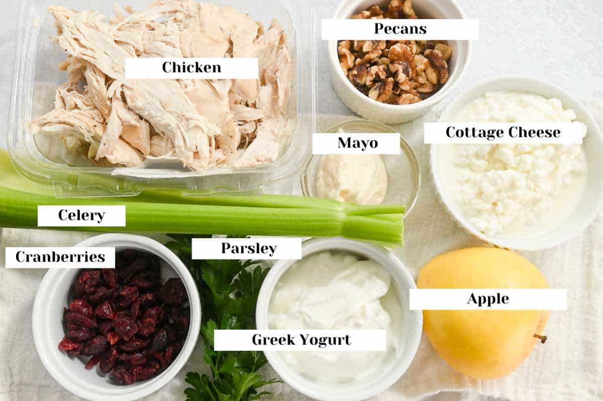 labeled ingredients for making cranberry chicken salad.