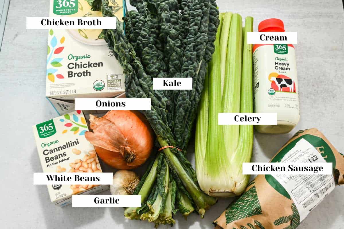 labeled ingredients for making kale soup.