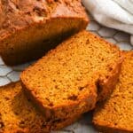 close up of a slice of eggless pumpkin bread.
