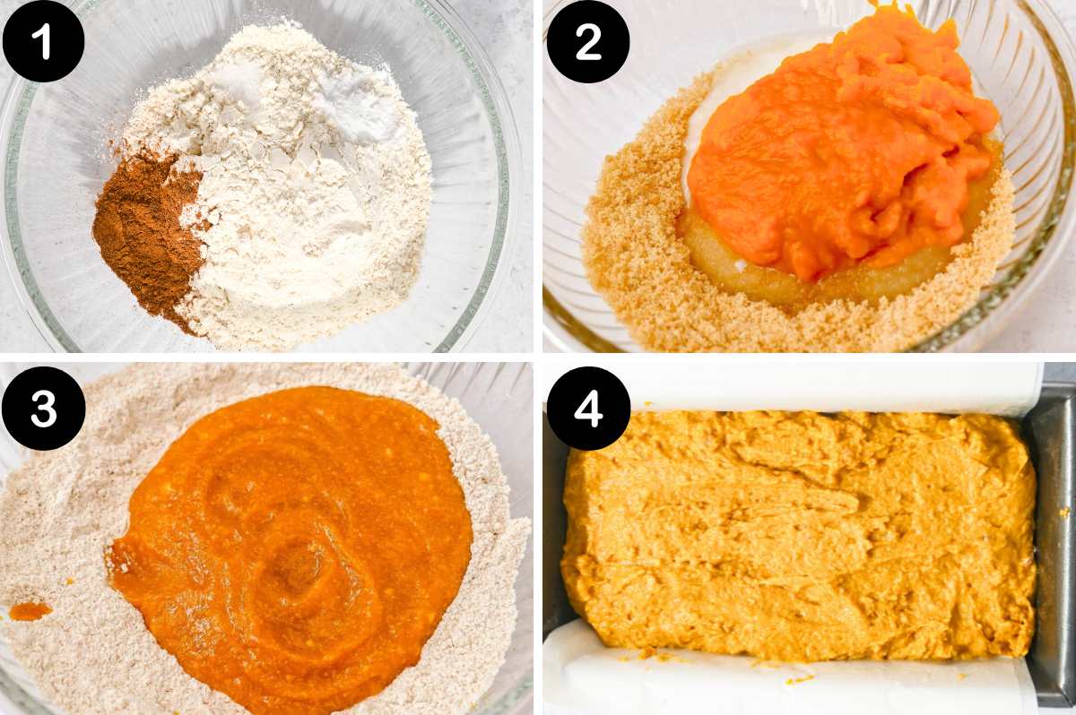 numbered steps for making eggless pumpkin bread.