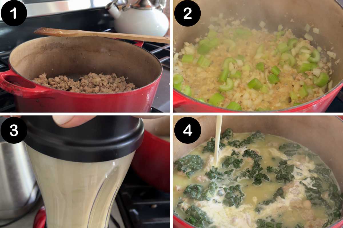 numbered steps for making creamy kale soup.