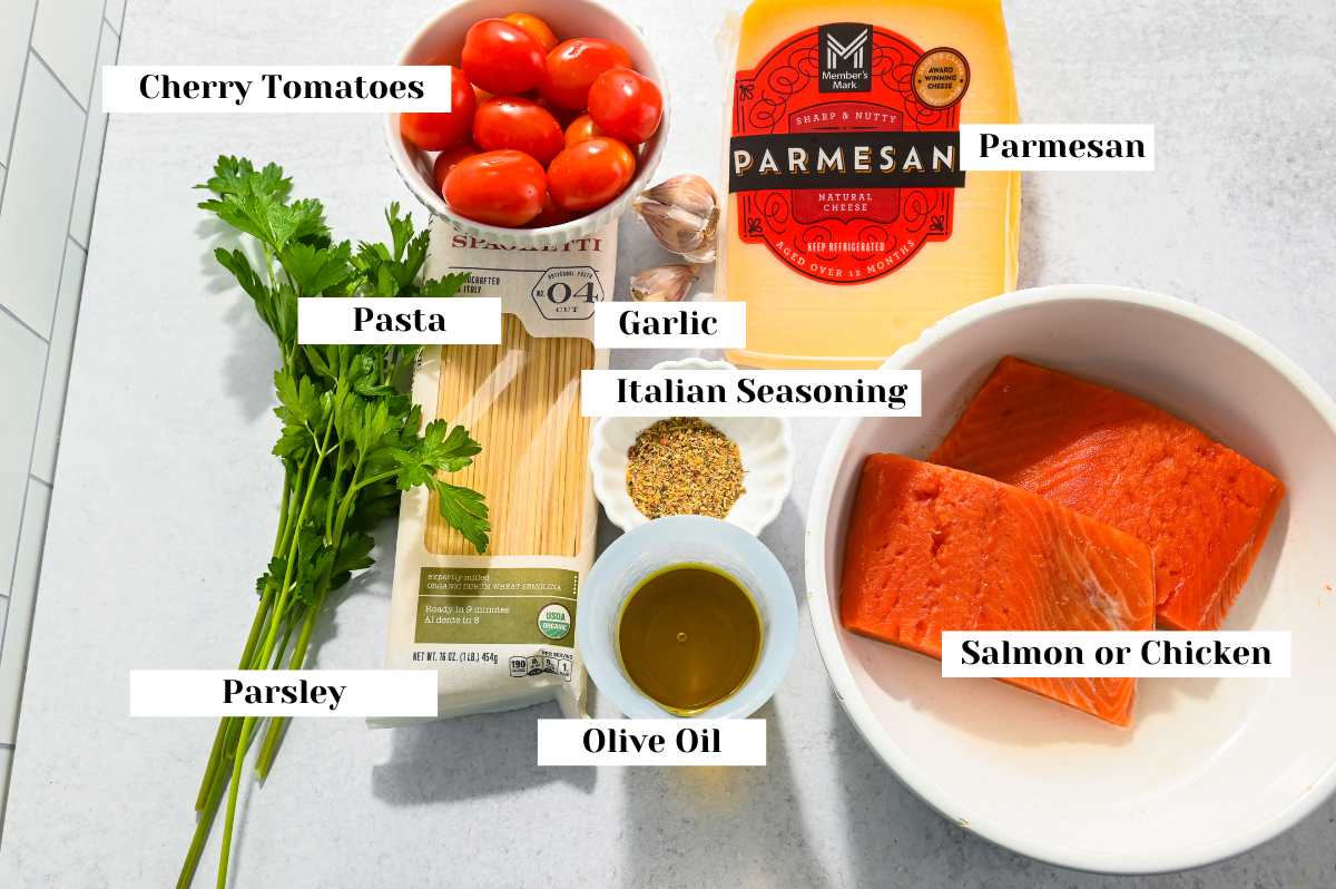 labeled ingredients for making spaghetti aglio e olio with chicken or salmon.
