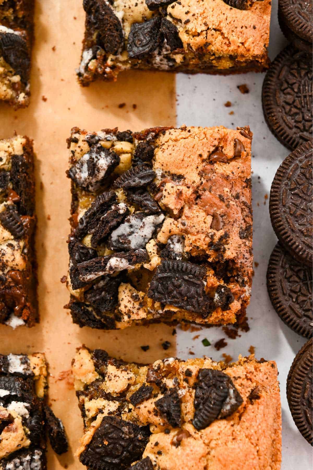 oreo brookies on brown parchment paper.