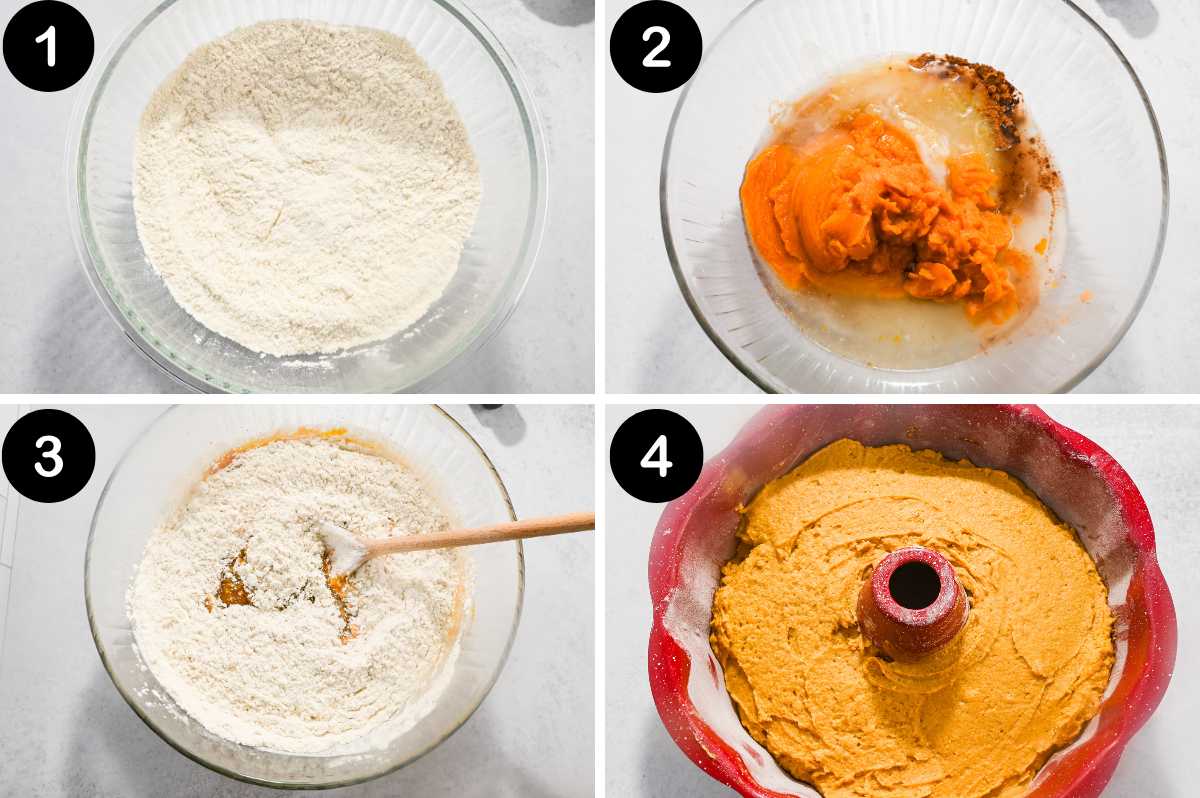 numbered steps for making pumpkin applesauce cake.