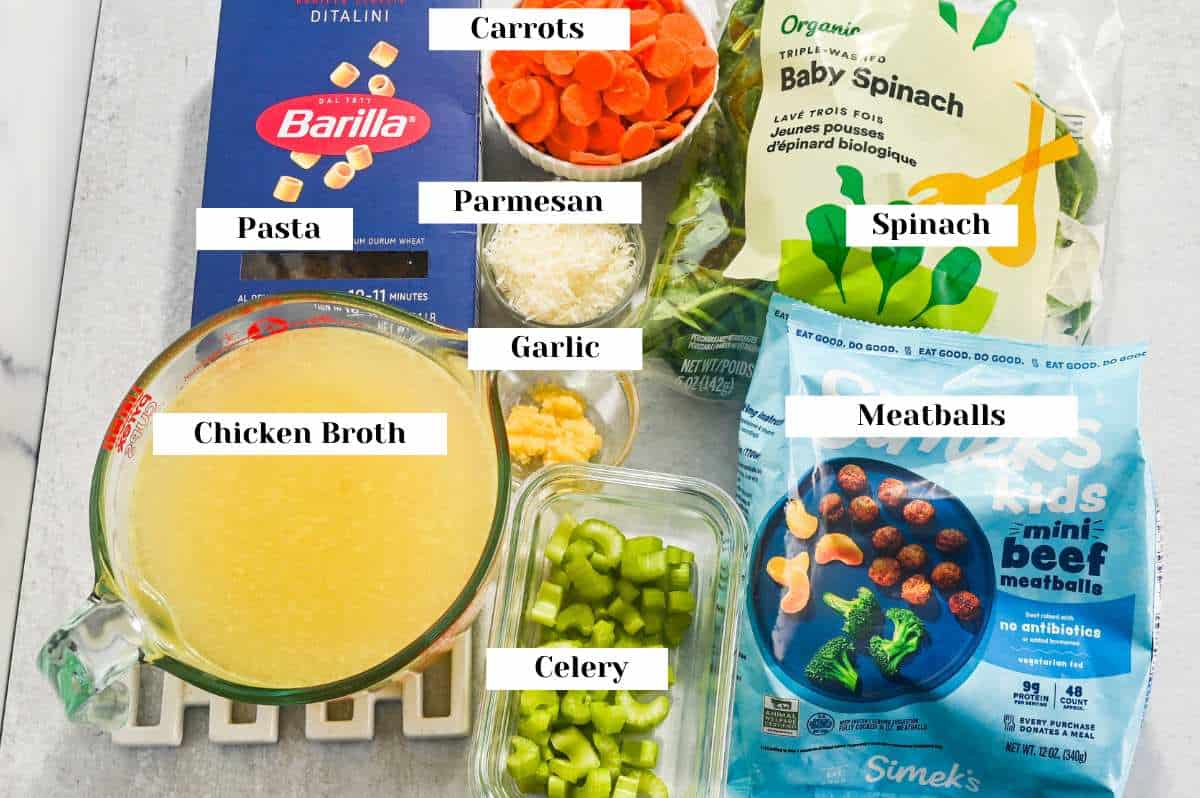labeled ingredients for making Instant Pot wedding soup.