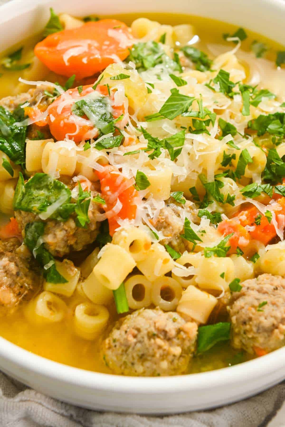 close up of Instant Pot wedding soup with meatballs.