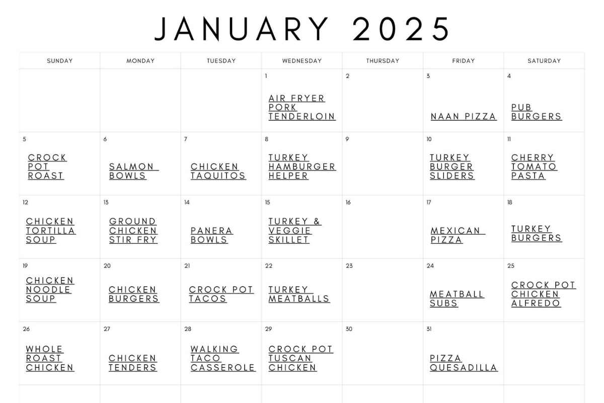 photo of a calendar showing meal ideas for January.