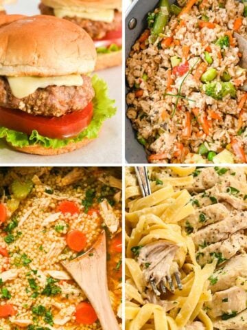 a collage of four different dinners for a January meal plan for families.