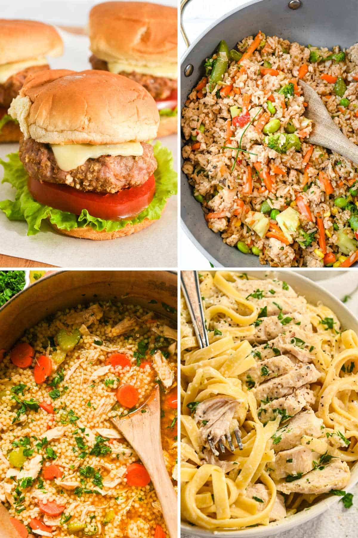 a collage of four different dinners for a January meal plan for families.