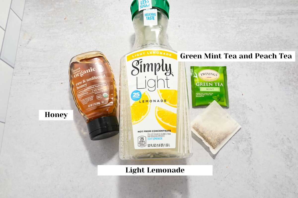 labeled ingredients for making this Starbucks Honey Citrus Mint Tea Recipe.