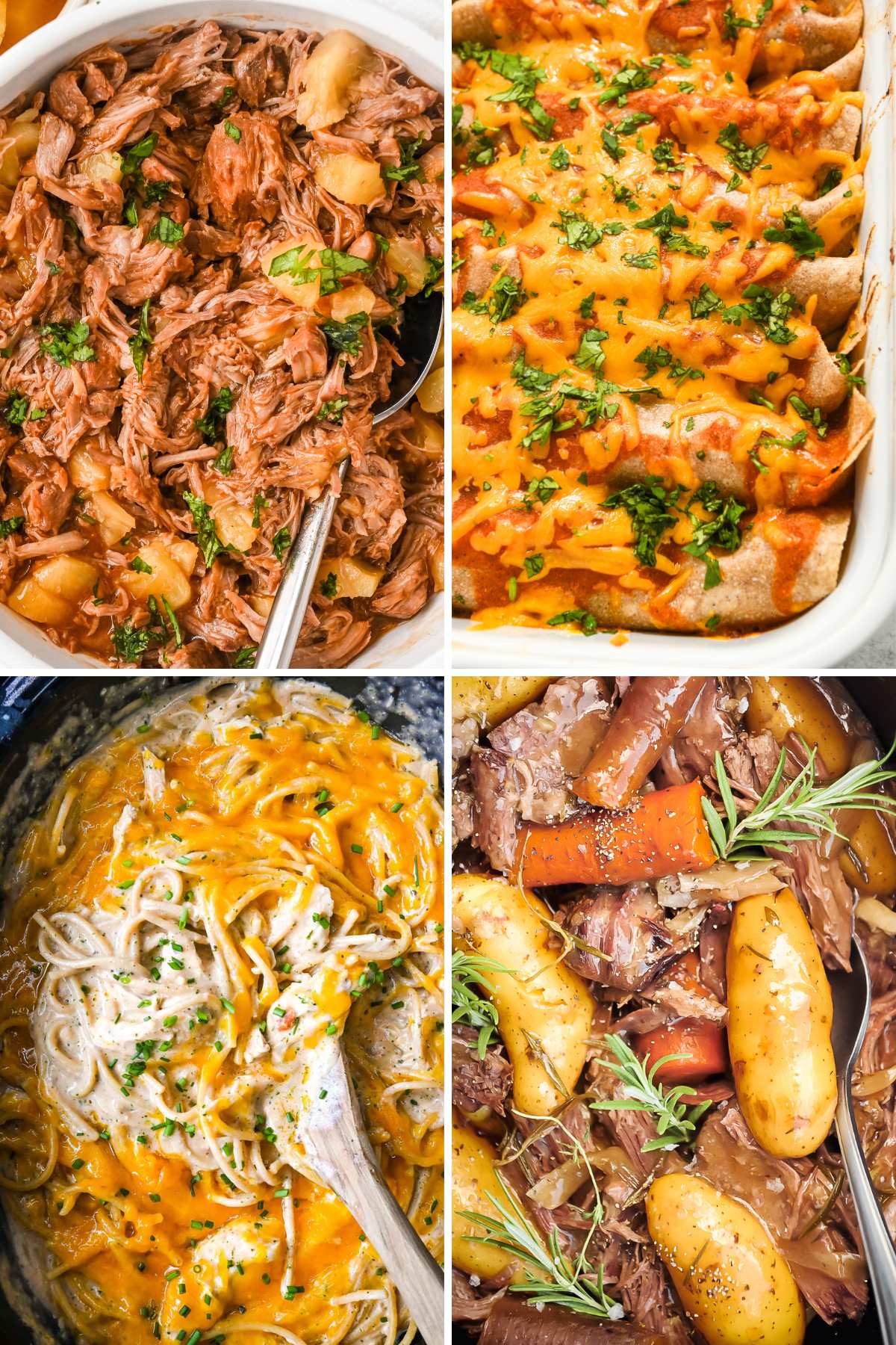 a collage of four different dinners for a February meal plan for families.