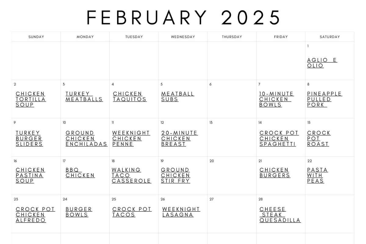 photo of a calendar showing meal ideas for February.
