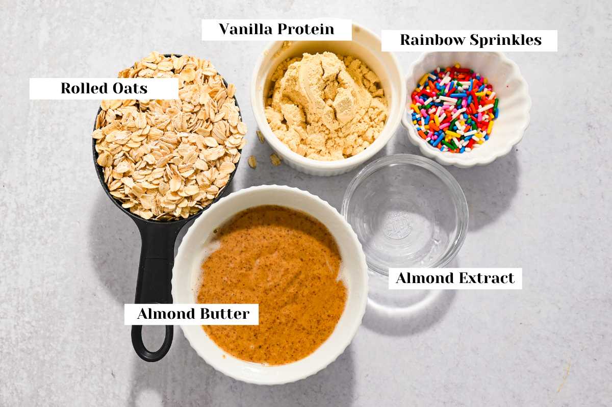 labeled ingredients for making birthday cake protein balls.