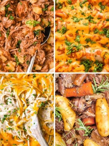 a collage of four different dinners for a February meal plan for families.
