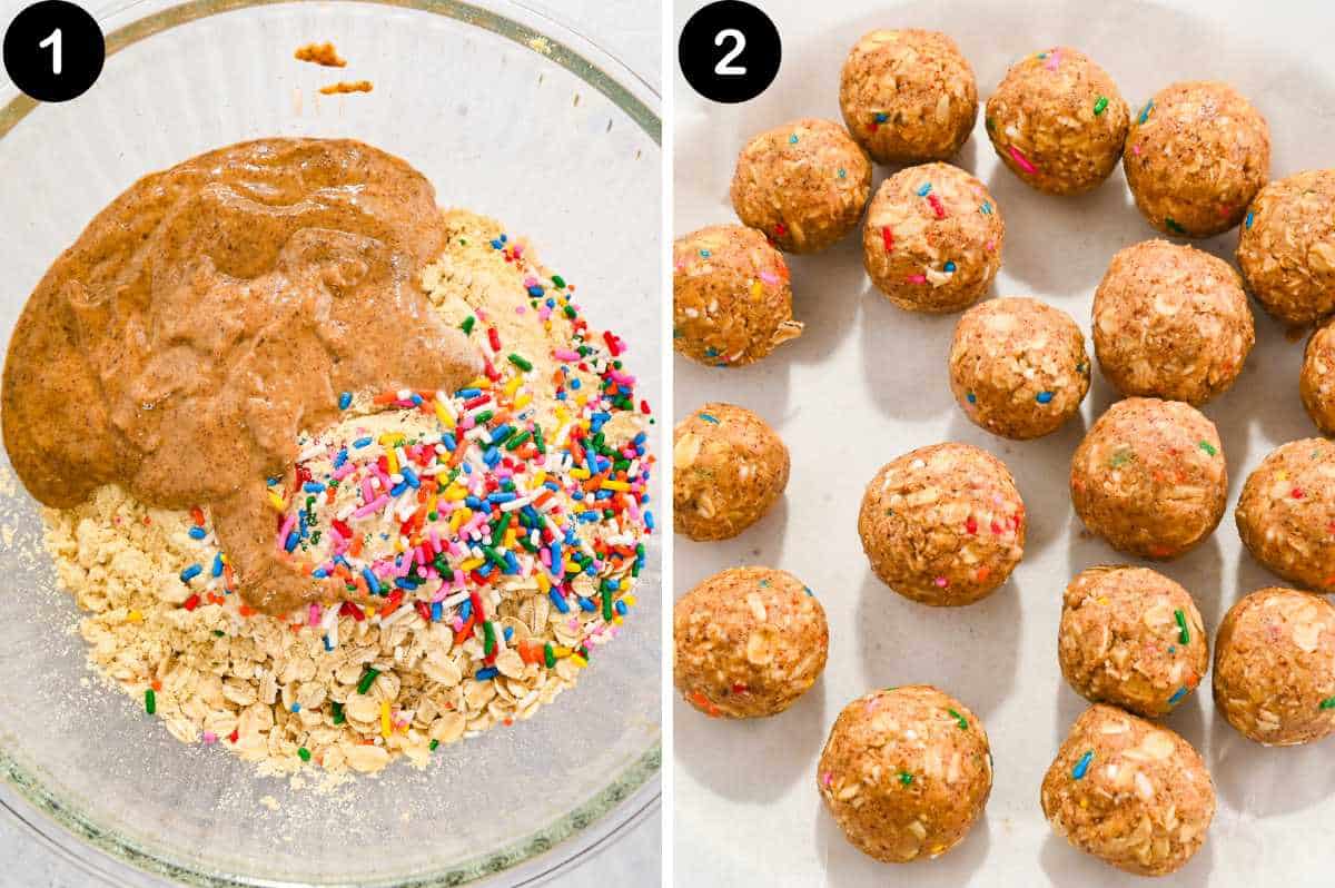 labeled steps for making birthday cake protein balls.