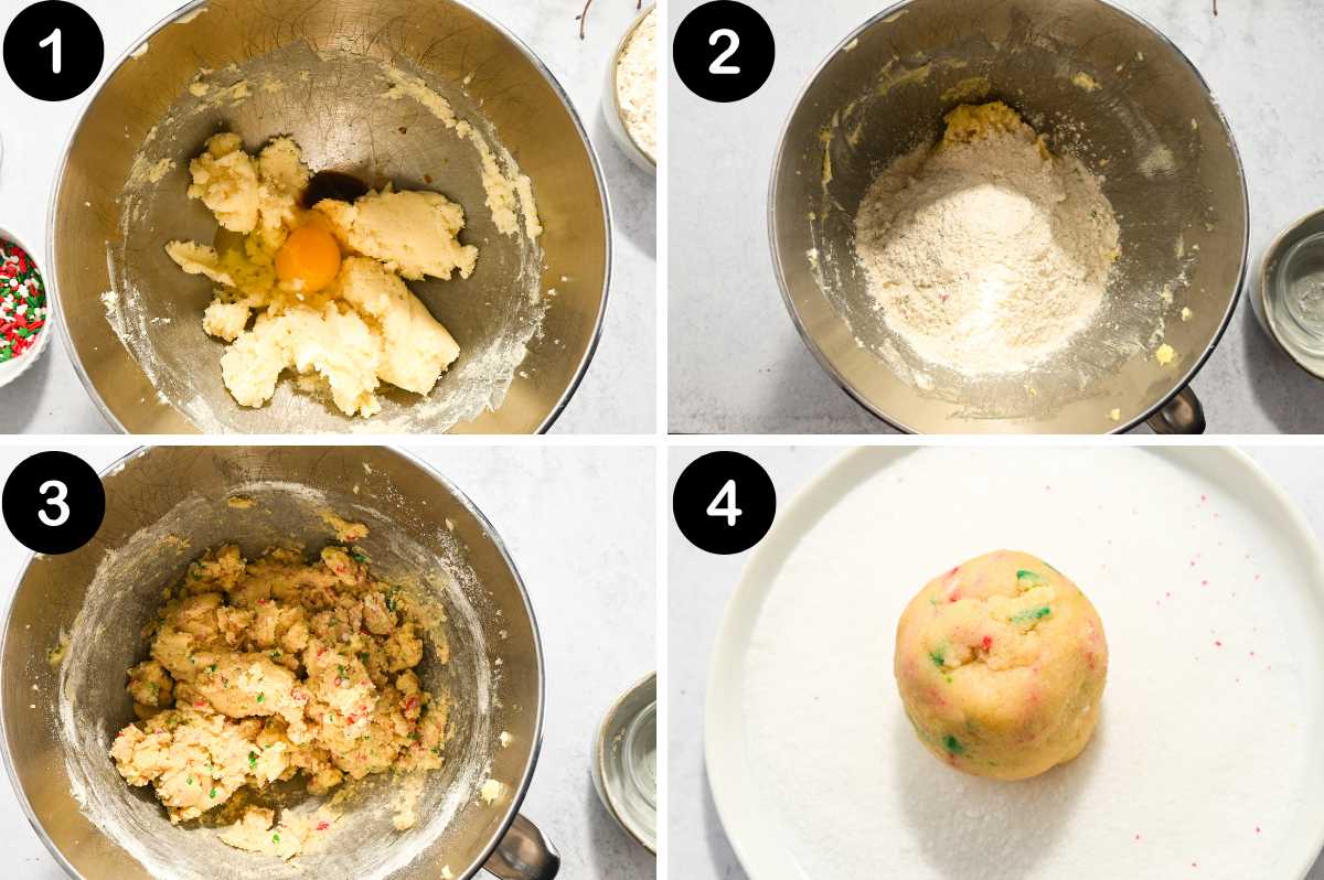 numbered steps for making sugar cookies with Christmas sprinkles.