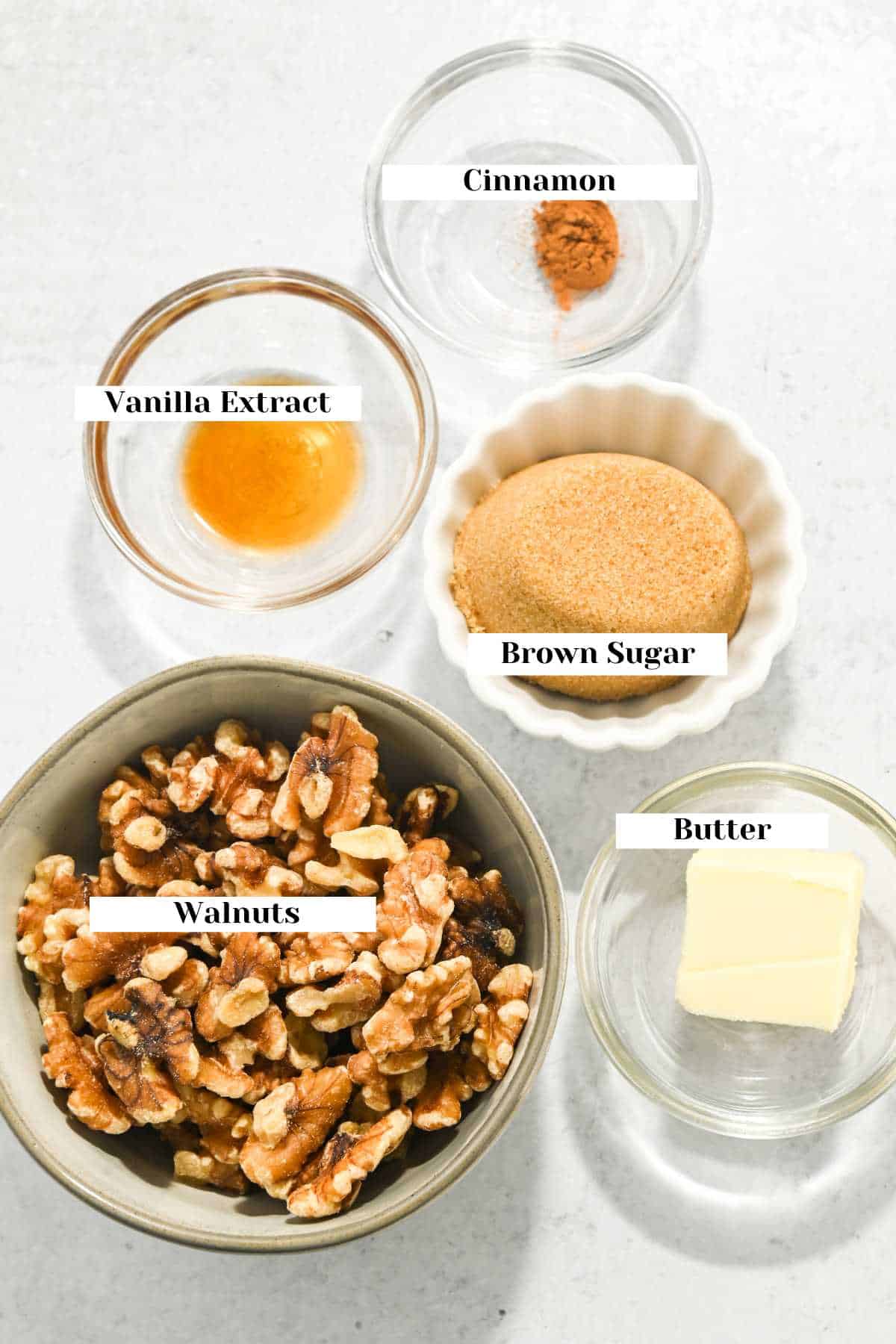 labeled ingredients for making candied Christmas walnuts.