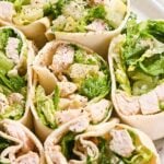 close up of grilled chicken caesar wraps.
