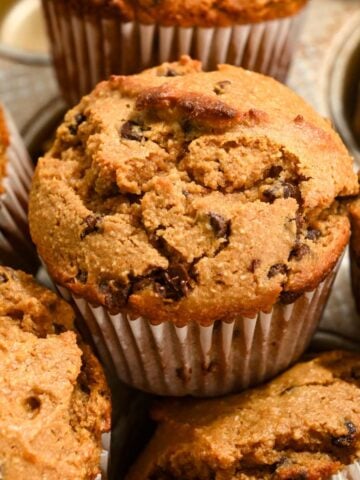 top view of a chocolate chip protein muffin.