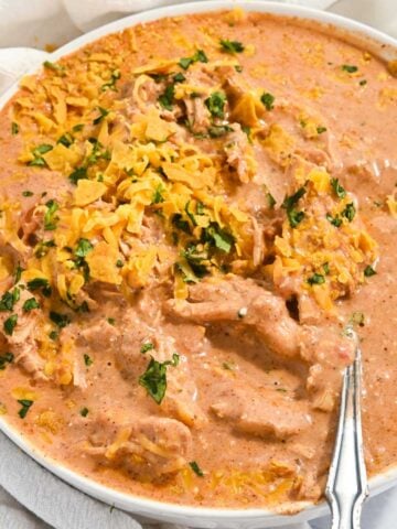 close up of bowl of creamy chicken taco soup in a white bowl with a spoon.
