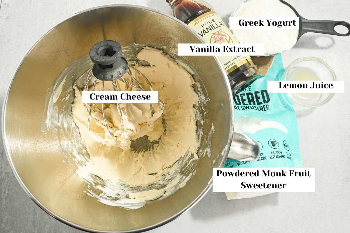 labeled ingredients for making healthy cheesecake dip.