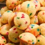 close up of little bites party cake muffins in a pile.