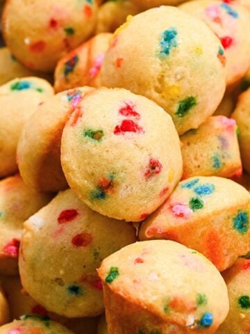 close up of little bites party cake muffins in a pile.