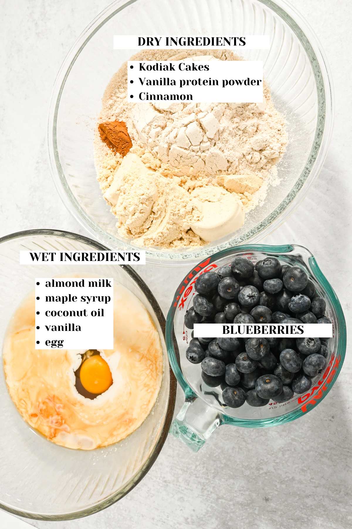 ingredients for making this Kodiak Cakes blueberry muffin recipe.