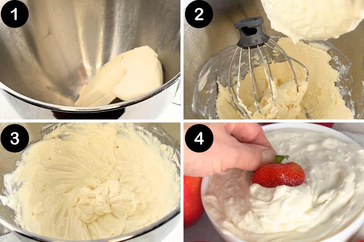 a numbered step by step collage image showing how to make healthy cheesecake dip.