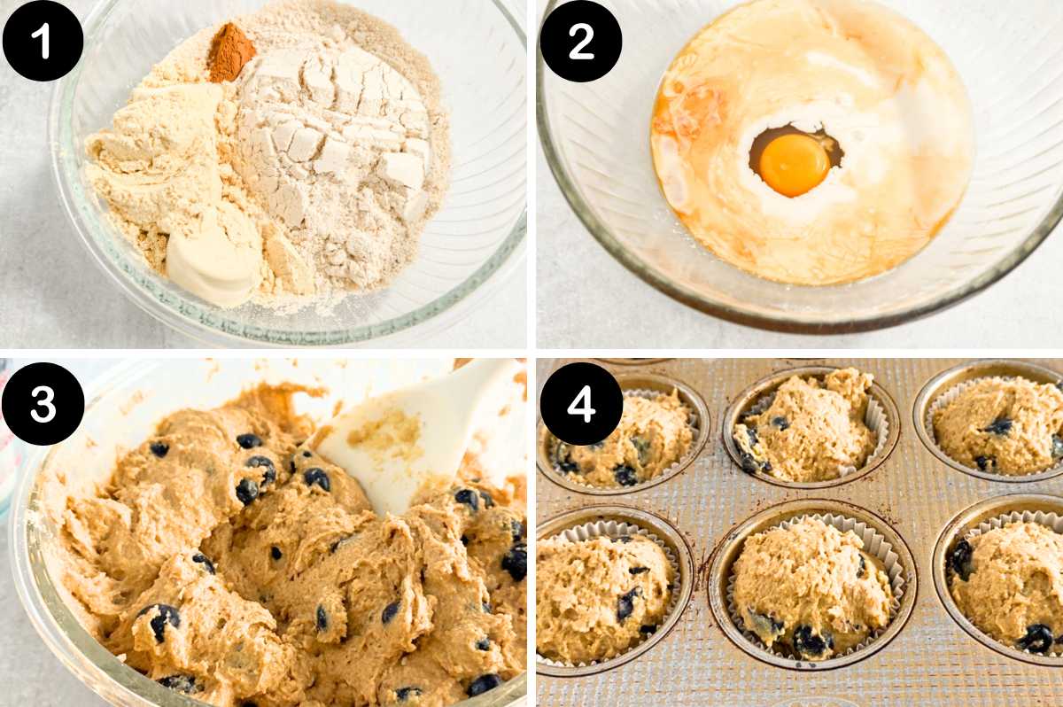 numbered steps for making Kodiak Cakes Blueberry muffins.