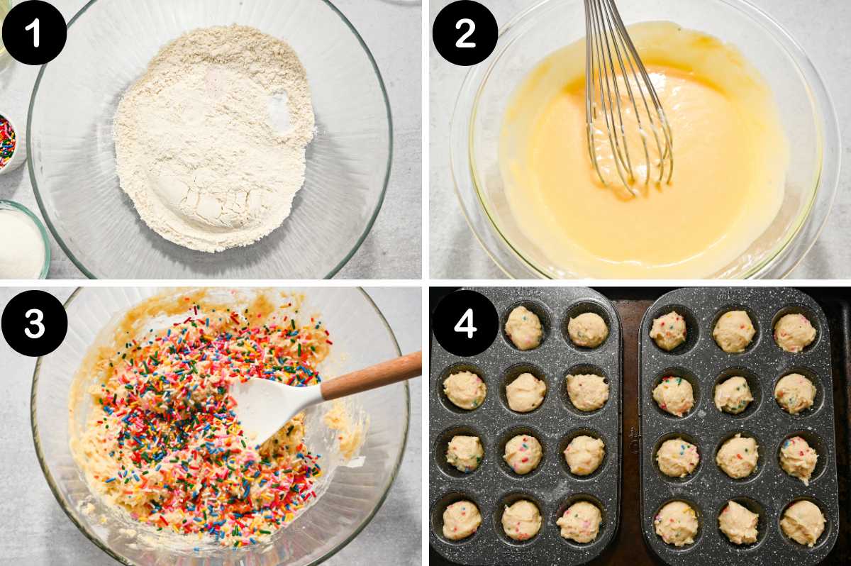 numbered steps for making little bites party cake muffins.