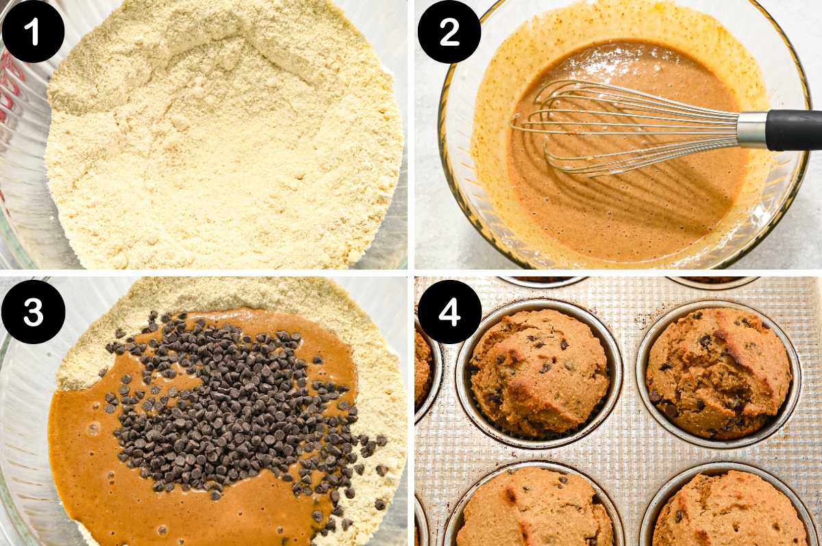 numbered steps for making chocolate chip protein muffins.