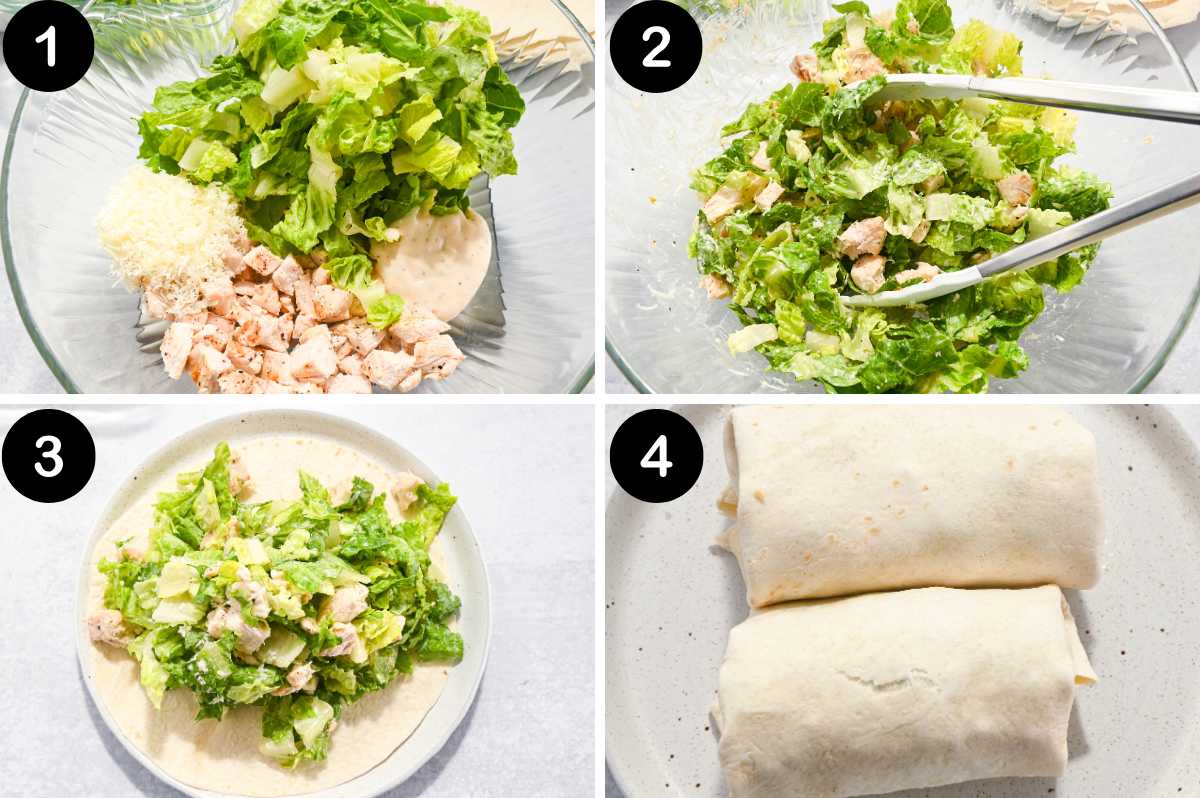 numbered steps for making grilled chicken caesar wraps.