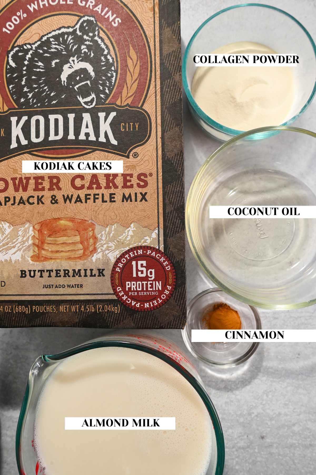 labeled ingredients for making kodiak cakes waffles.