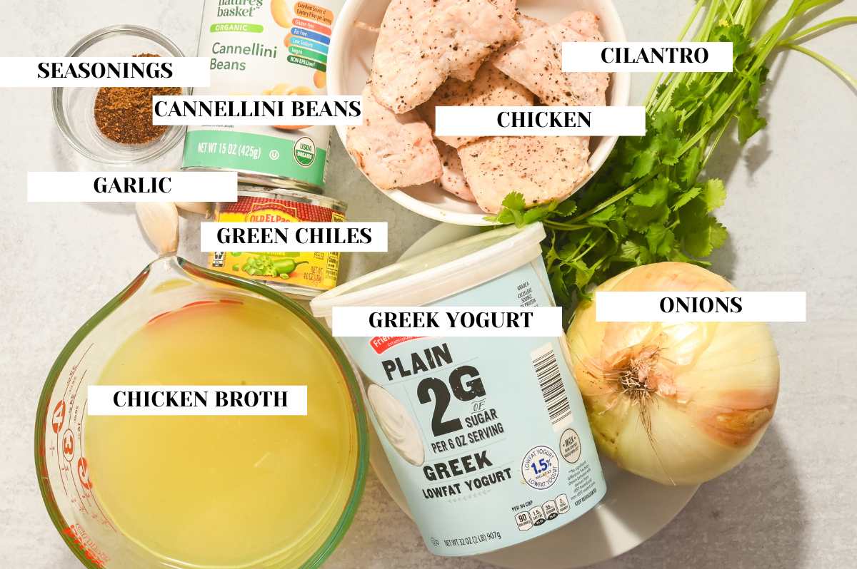 labeled ingredients for making high protein white chicken chili.