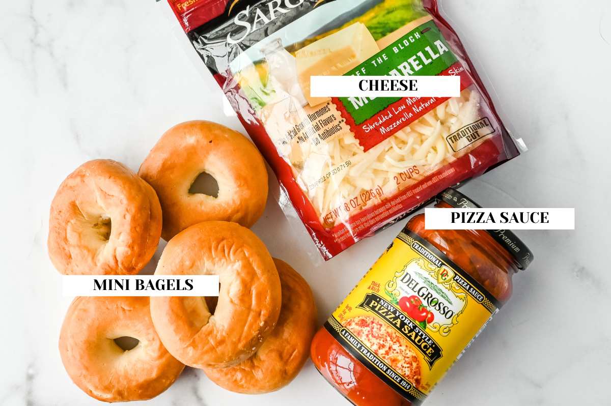 labeled ingredients for homemade bagel bites on a white background.